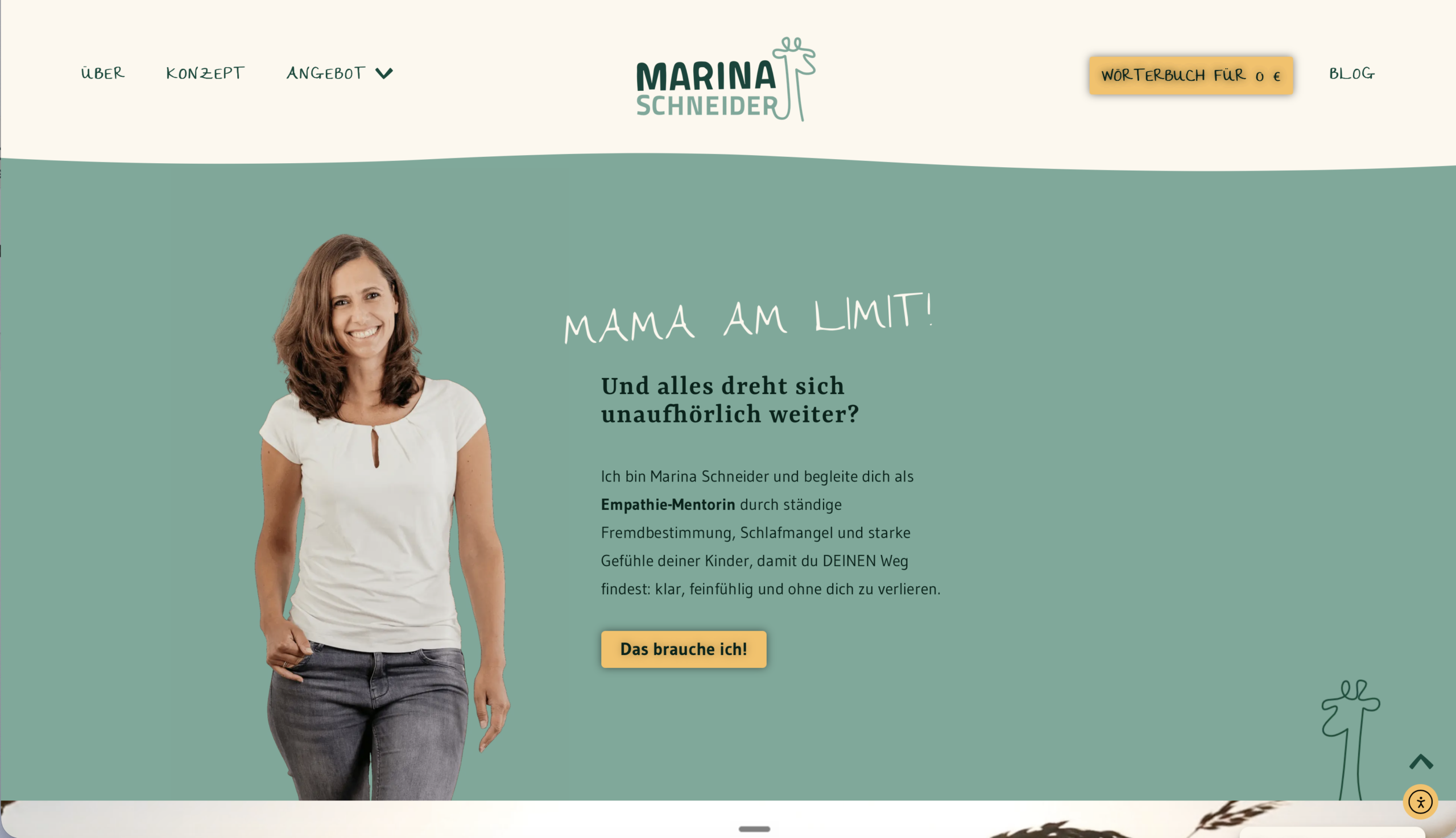 Website von Marina Schneider: grün-cremefarbener Auftritt für ihre Arbeit als Empathie-Mentorin
